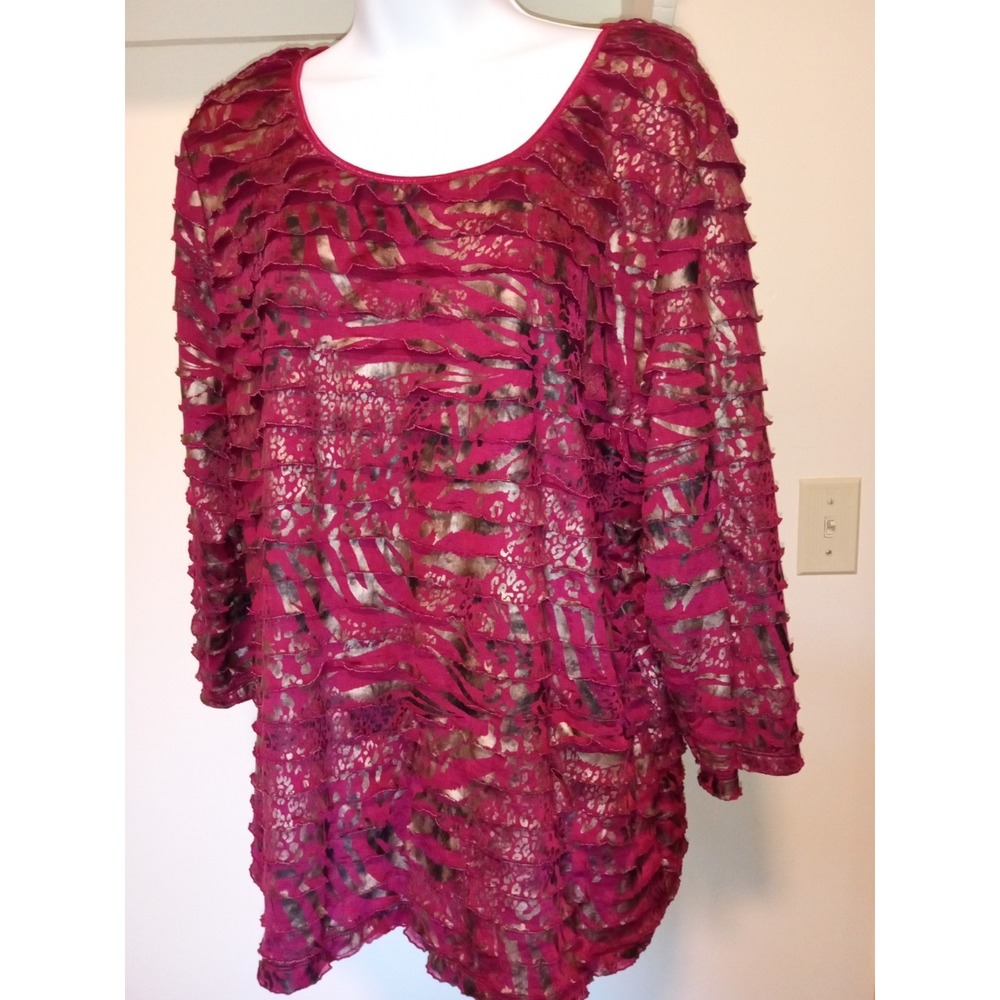 JM Collection Women XL Magenta Pink Gold Metallic Animal Print Ruffle Tiered Top